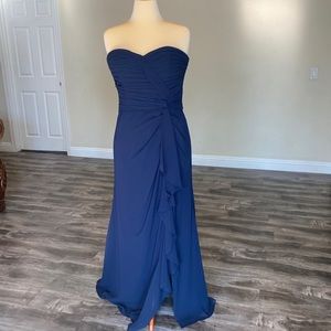 Strapless navy blue gown. By bill levkoff
